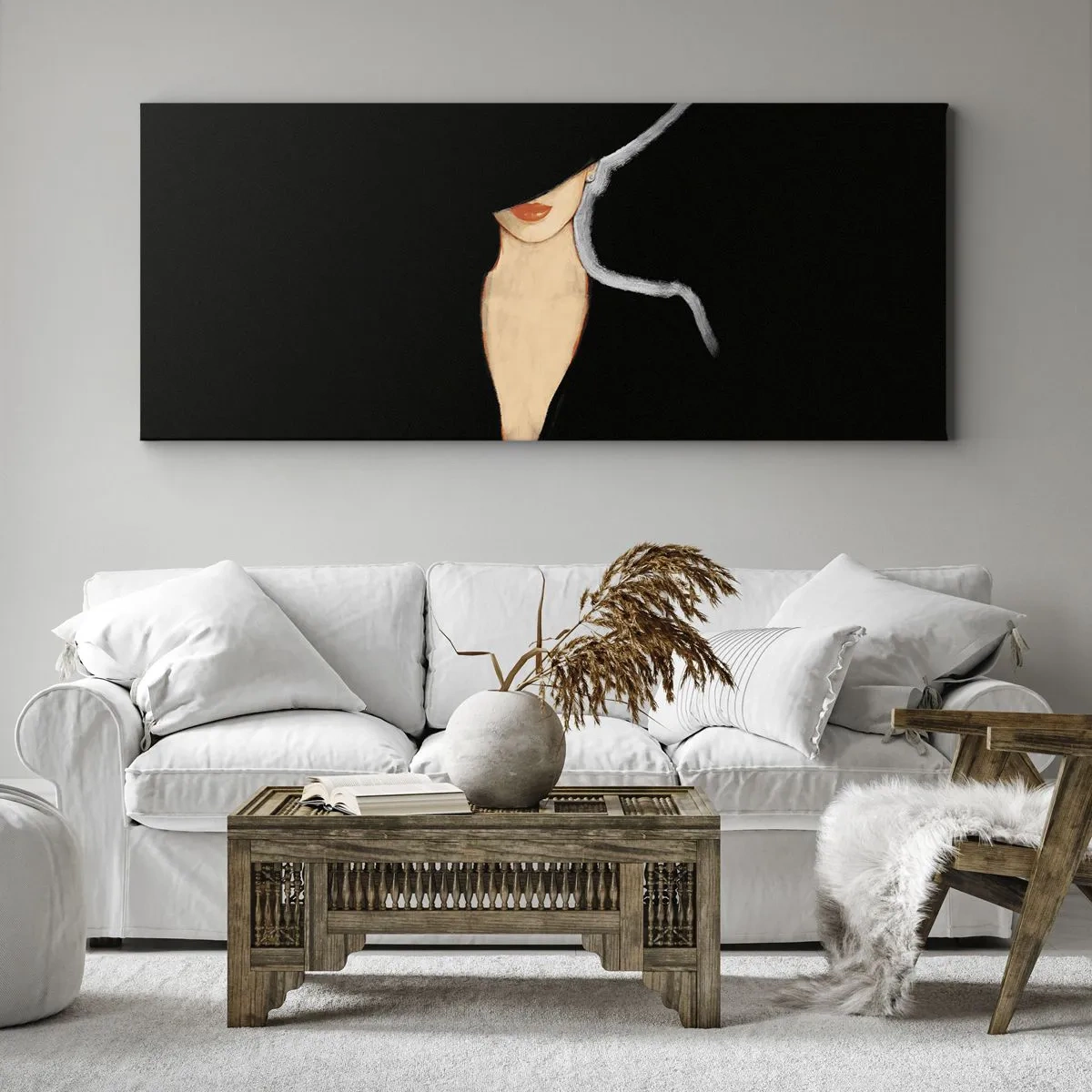 Impression sur toile - Image sur toile - Silhouette d'une femme au chapeau sur fond noir - 160x50cm - Élégance et style - Décoration murale moderne pour le salon et la chambre ARTTOR