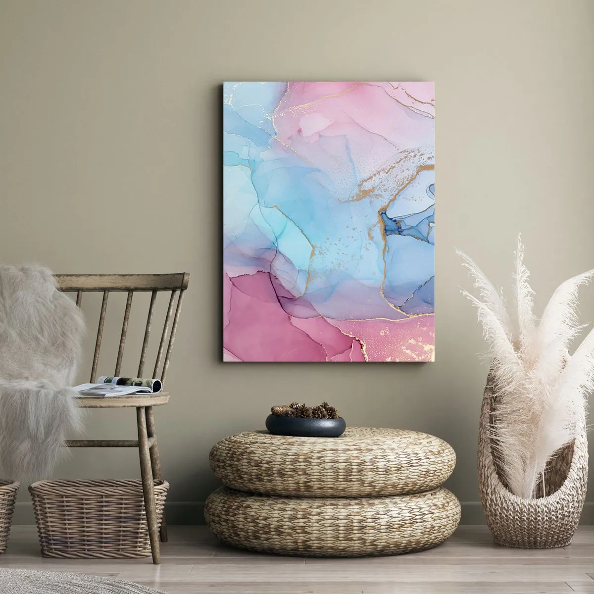 Impression sur toile - Image sur toile - Motifs pastel abstraits avec des accents dorés - 80x120cm - Rencontre et mélange - Décoration murale moderne pour le salon et la chambre ARTTOR