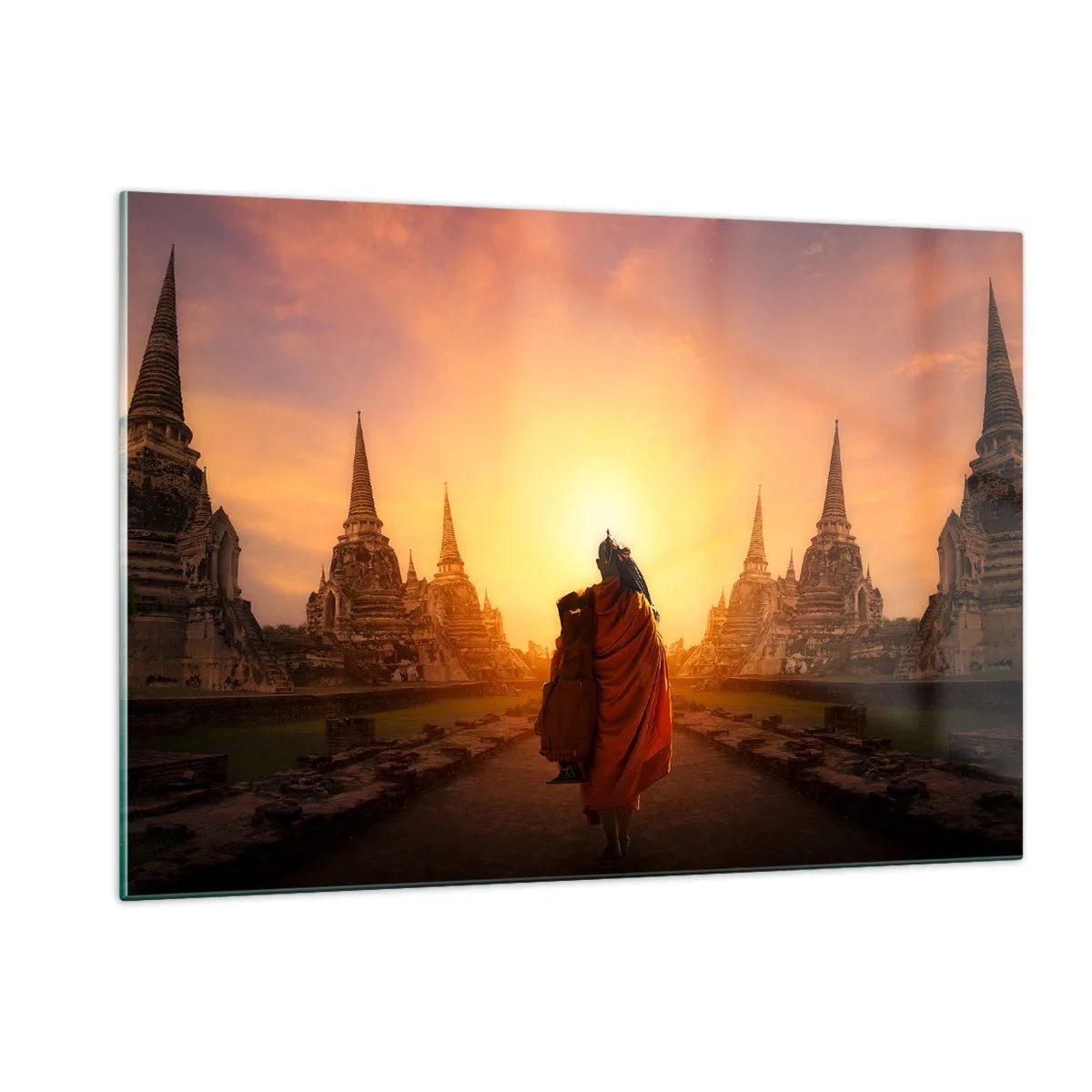 Impression sur verre - Image sur verre - Un moine sur fond de soleil couchant et de temples en Asie - 120x80cm - En paix pour l'éternité - Décoration murale moderne pour le salon et la chambre ARTTOR