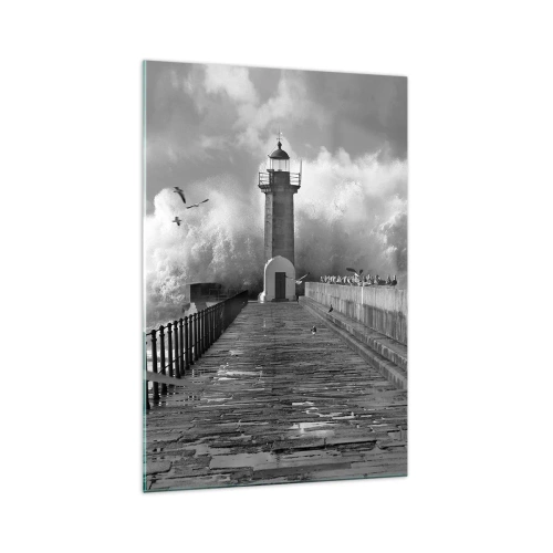 Impression sur verre - Image sur verre - Un phare entouré de vagues pendant une tempête - 70x100cm - Sans peur - Décoration murale moderne pour le salon et la chambre ARTTOR