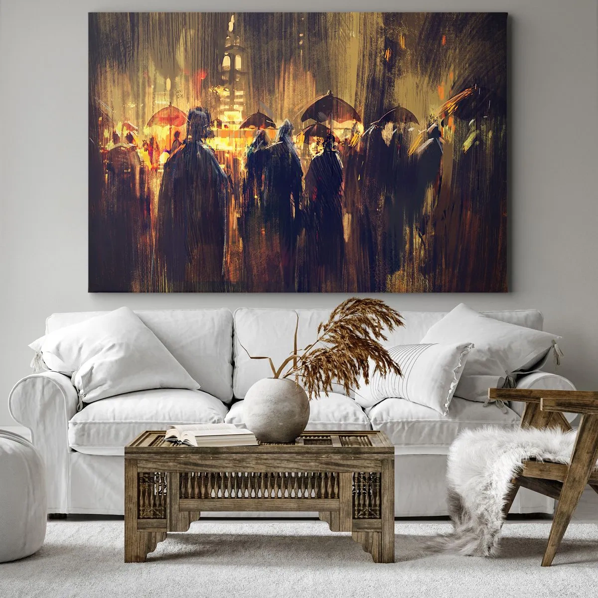 Impression sur toile - Image sur toile - Personnages avec des parapluies dans une ville pluvieuse la nuit - 120x80cm - Adeptes de la pluie - Décoration murale moderne pour le salon et la chambre ARTTOR
