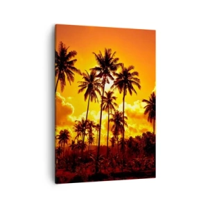 Impression sur toile - Image sur toile - Palmiers contre un ciel doré lors d'un coucher de soleil tropical - 50x70cm - Montagnes en feu, forêts en feu - Décoration murale moderne pour le salon et la chambre ARTTOR
