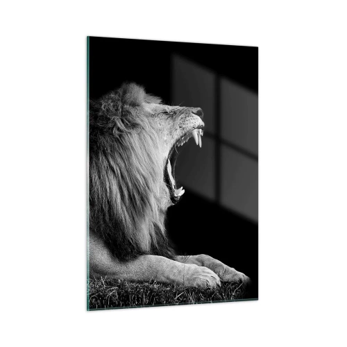 Impression sur verre - Image sur verre - Portrait noir et blanc d'un lion rugissant contre une ombre - 50x70cm - Sans aucun doute - Décoration murale moderne pour le salon et la chambre ARTTOR