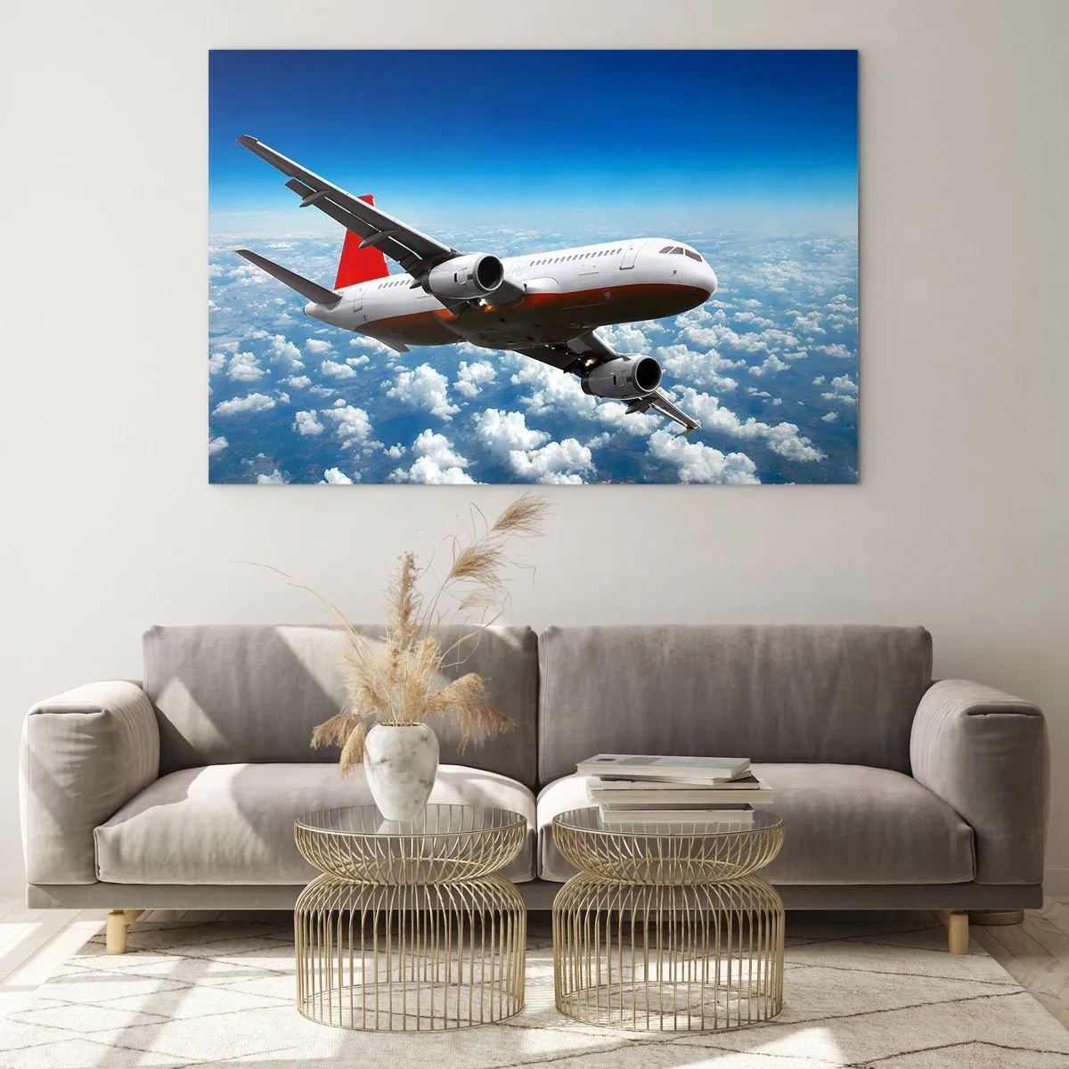 Impression sur verre - Image sur verre - Un avion de ligne volant au-dessus des nuages contre un ciel bleu - 120x80cm - Éloignez-vous de tout - Décoration murale moderne pour le salon et la chambre ARTTOR