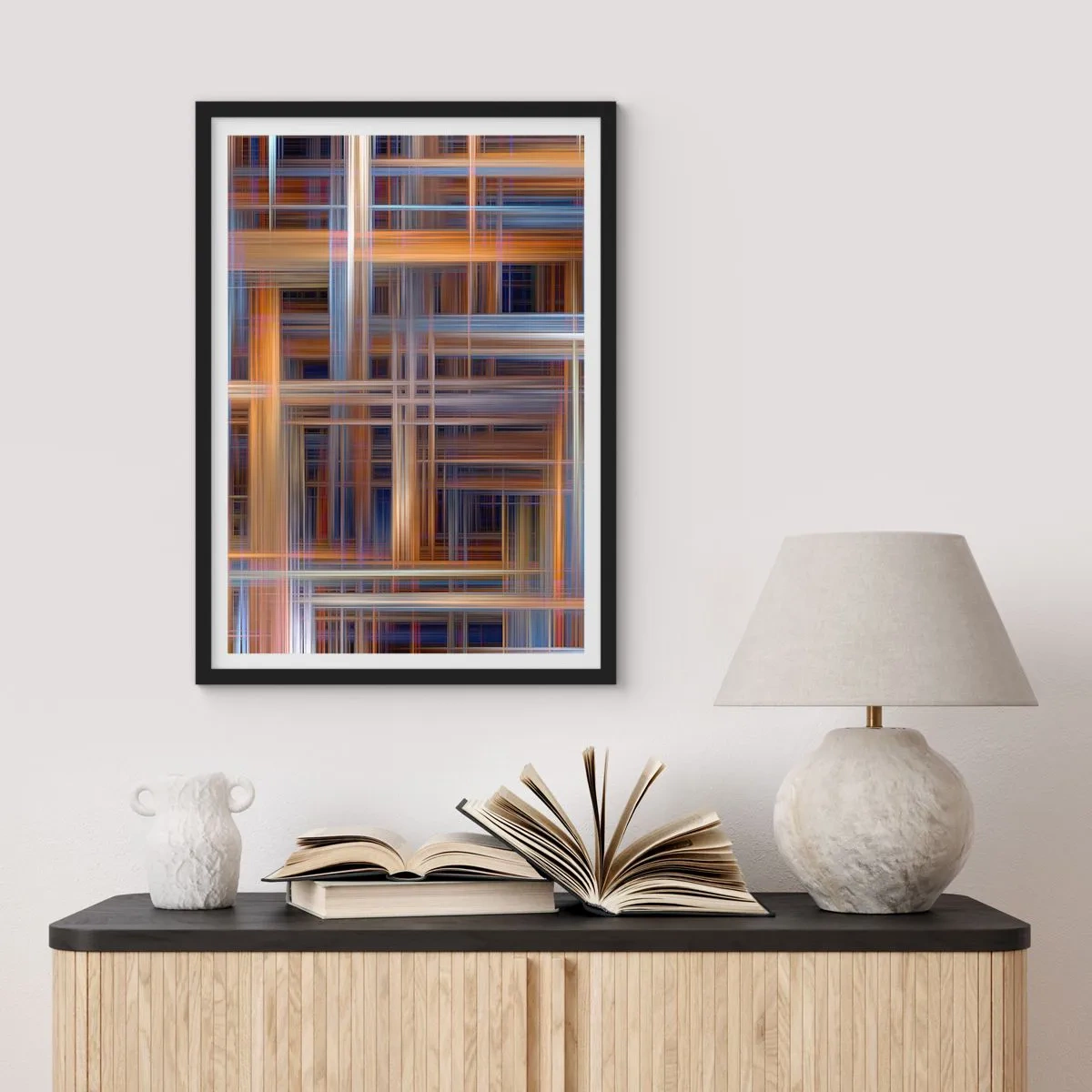 Affiche dans un cadre noir - Poster - Lignes géométriques aux couleurs chaudes et froides - 50x70cm - Tissé de lumière - Décoration murale moderne pour le salon et la chambre ARTTOR