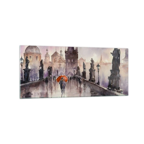 Impression sur verre - Image sur verre - Vue romantique d'un pont avec un parapluie sur fond de ville en soirée - 120x50cm - Les gens ne changent pas - Décoration murale moderne pour le salon et la chambre ARTTOR