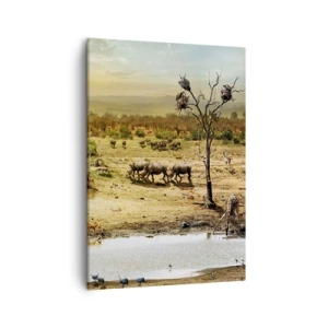 Impression sur toile - Image sur toile - Éléphants et animaux sauvages à un point d'eau au coucher du soleil - 50x70cm - "Et d'Eden coulait une rivière..." - Décoration murale moderne pour le salon et la chambre ARTTOR