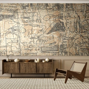 Papier Peint Photo Premium Sand - Un motif abstrait composé de lignes, de signes et de taches beiges. - 100x70cm - Il attend d'être décodé - Décoration murale moderne pour le salon et la chambre ARTTOR