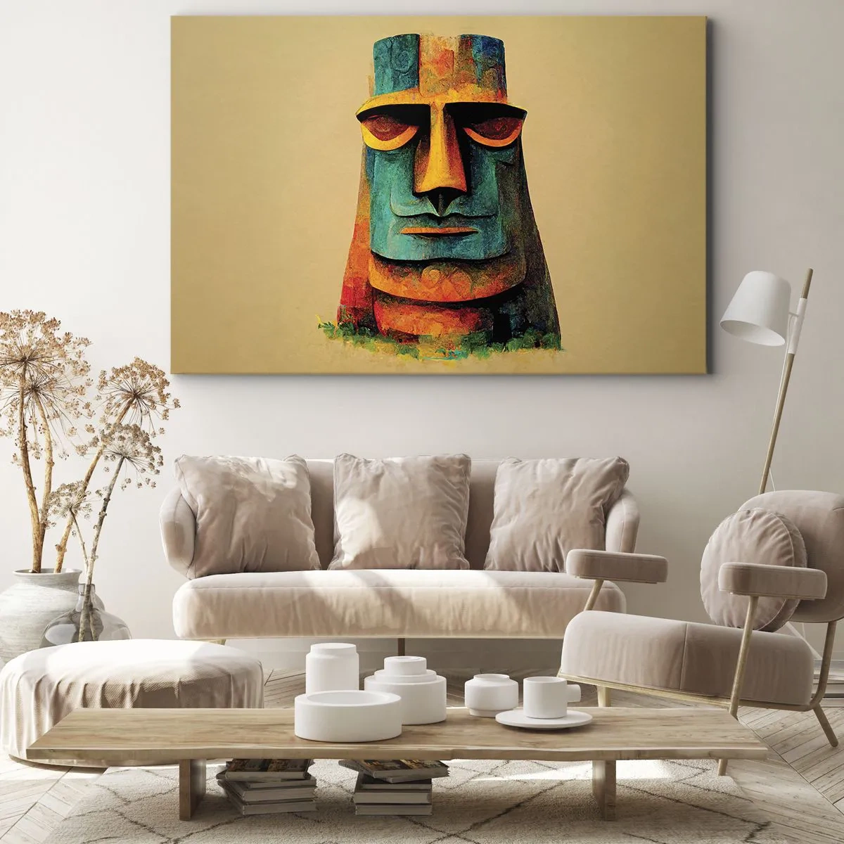 Impression sur toile - Image sur toile - Statue colorée de l'île de Pâques - 120x80cm - Statuesque et sympathique - Décoration murale moderne pour le salon et la chambre ARTTOR