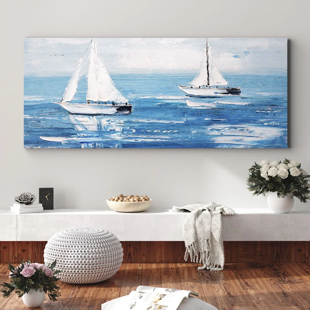 Impression sur toile - Image sur toile - Yachts sur la mer bleue dans un style artistique - 140x50cm - Avec un ami à mes côtés - Décoration murale moderne pour le salon et la chambre ARTTOR