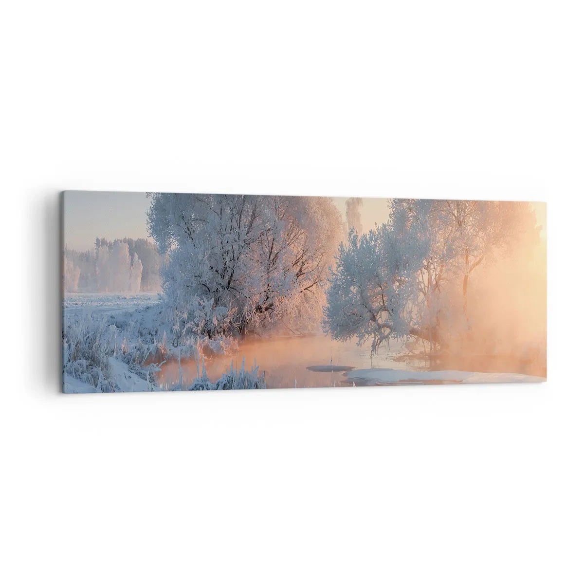 Impression sur toile - Image sur toile - Paysage d'hiver avec des arbres enneigés et un coucher de soleil - 140x50cm - Tout dans le soleil brille en cristal - Décoration murale moderne pour le salon et la chambre ARTTOR