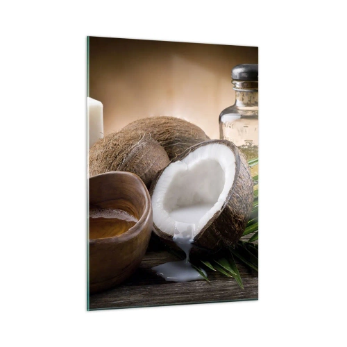 Impression sur verre - Image sur verre - Ingrédients naturels avec de la noix de coco et de l'huile sur un fond en bois - 50x70cm - Santé des îles tropicales - Décoration murale moderne pour le salon et la chambre ARTTOR