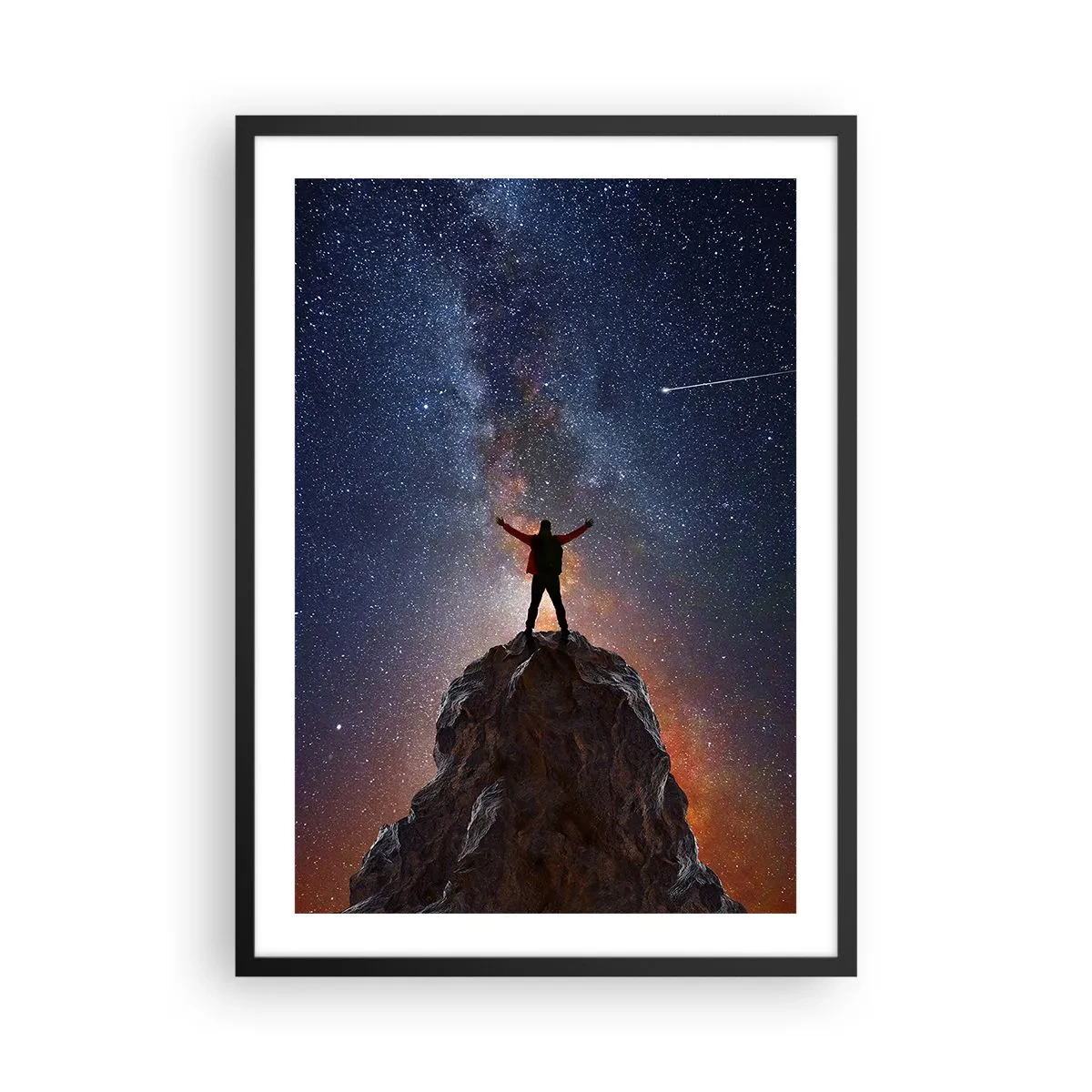 Affiche dans un cadre noir - Poster - Silhouette au sommet d'un rocher avec un ciel étoilé en arrière-plan - 50x70cm - Le force est avec moi! - Décoration murale moderne pour le salon et la chambre ARTTOR