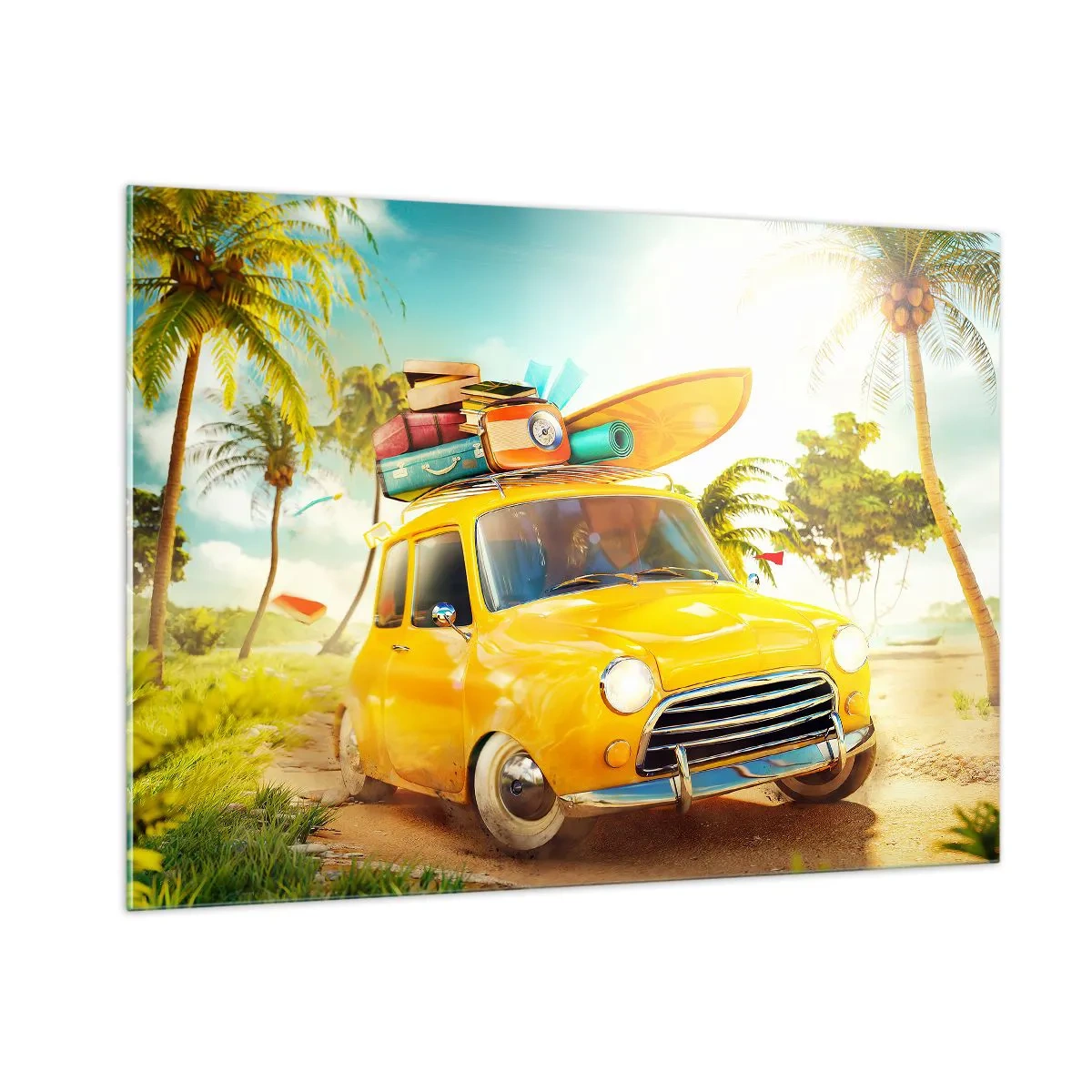 Impression sur verre - Image sur verre - Une voiture jaune avec des bagages sur le toit sur une plage tropicale. - 100x70cm - Un voyage pour plus d'un sourire - Décoration murale moderne pour le salon et la chambre ARTTOR