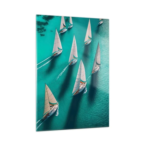 Impression sur verre - Image sur verre - Voiliers sur une eau turquoise capturés à vol d'oiseau - 50x70cm - Dans une compétition avec le vent - Décoration murale moderne pour le salon et la chambre ARTTOR
