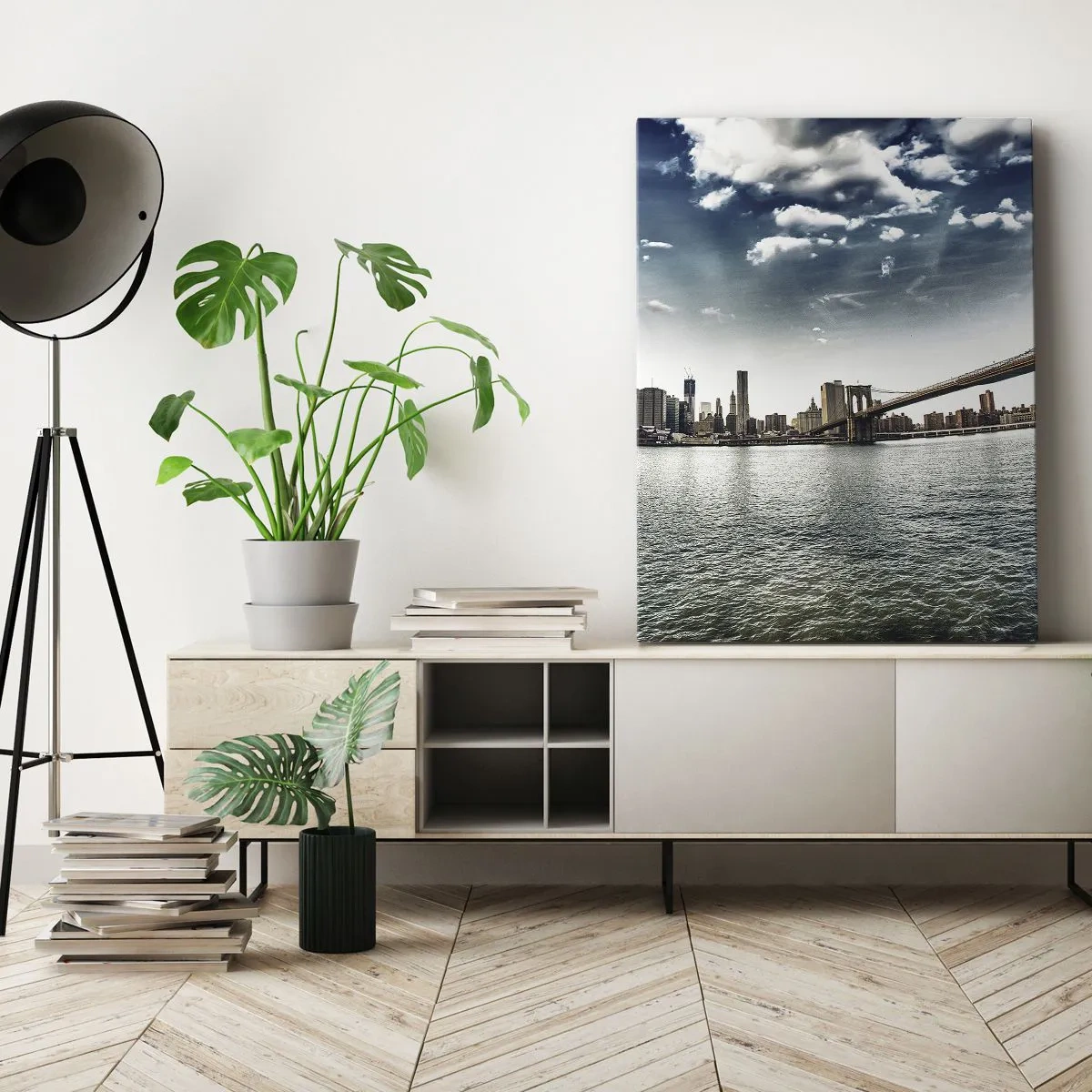 Impression sur toile - Image sur toile - Panorama de la ville avec un pont contre le ciel bleu - 80x120cm - L'île de verre - Décoration murale moderne pour le salon et la chambre ARTTOR