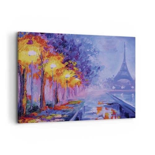 Impression sur toile - Image sur toile - Une avenue avec des lampadaires à Paris avec la Tour Eiffel en arrière-plan - 100x70cm - Une ballade idéale - Décoration murale moderne pour le salon et la chambre ARTTOR