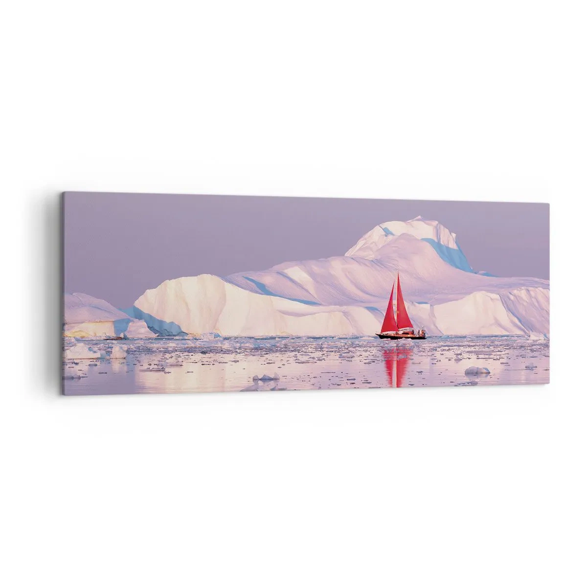 Impression sur toile - Image sur toile - Une voile rouge sur fond de montagnes glacées et de pleine lune. - 140x50cm - La chaleur de la voile, le froid de la glace - Décoration murale moderne pour le salon et la chambre ARTTOR