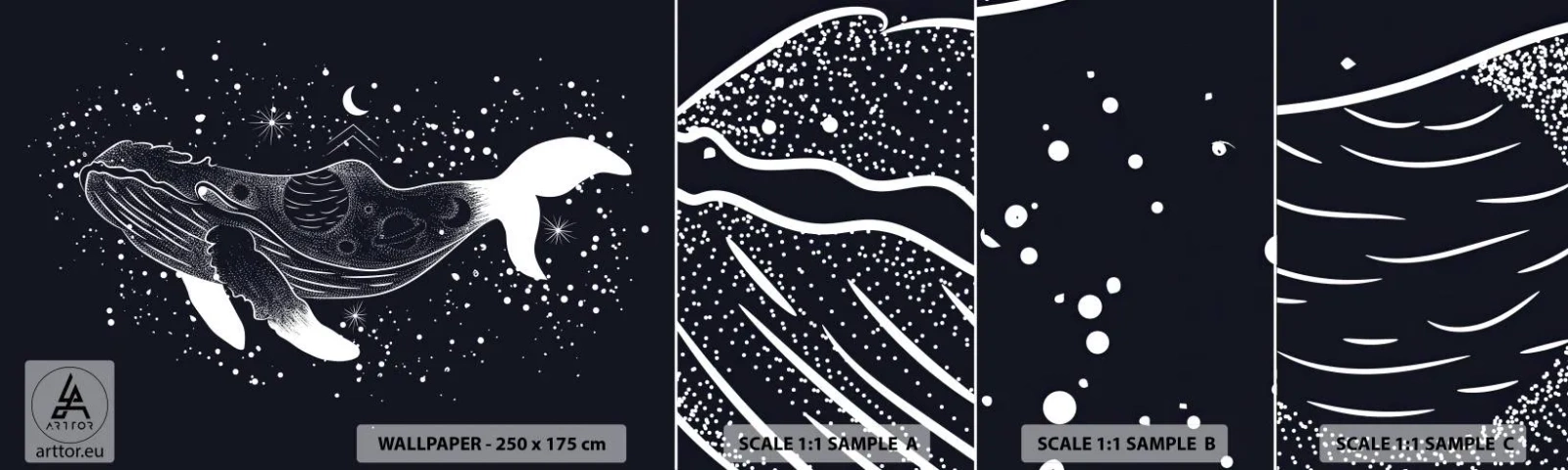 Échantillon De Papier Peint Standard Eco - Dans l'océan de l'univers - Abstraction, Baleine, Noir et blanc - 100x30 cm