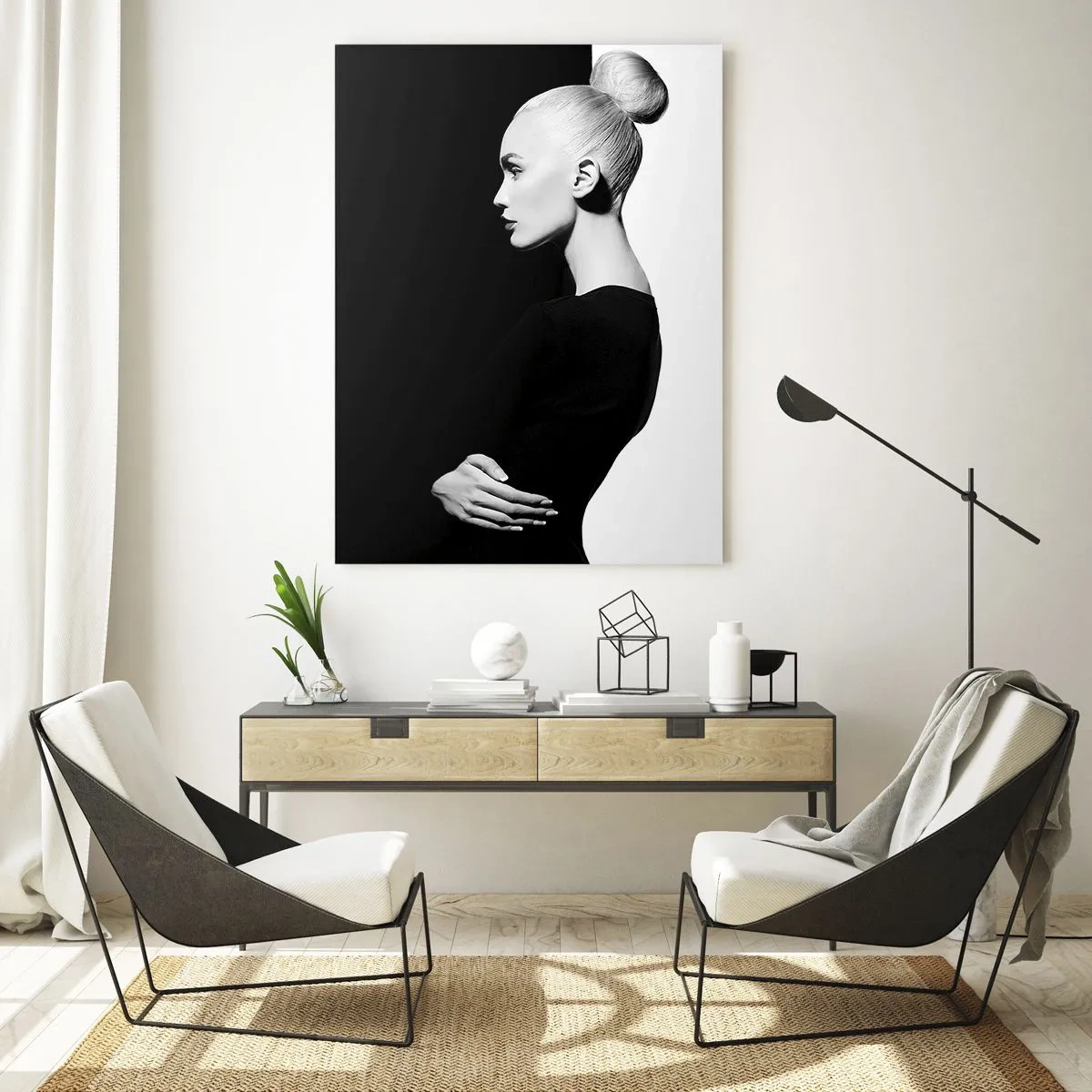 Impression sur verre - Image sur verre - Portrait élégant d'une femme sur fond noir et blanc - 80x120cm - Tout simplement une femme - Décoration murale moderne pour le salon et la chambre ARTTOR