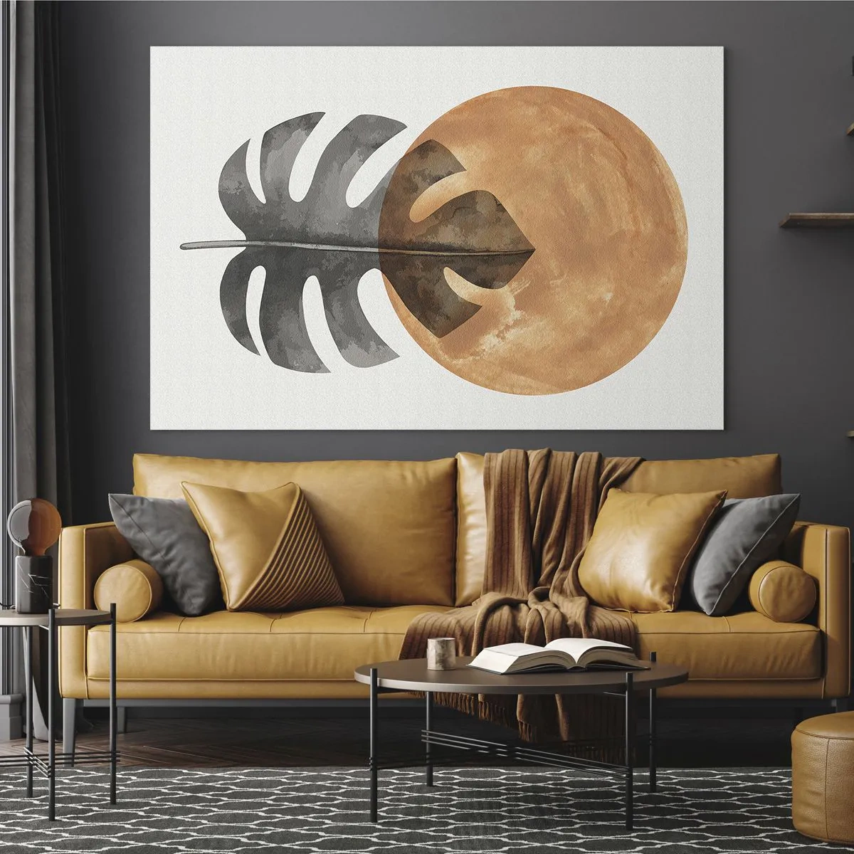 Impression sur verre - Image sur verre - Feuille de Monstera et cercle orange dans un style graphique sur fond blanc. - 120x80cm - Toujours le soleil - Décoration murale moderne pour le salon et la chambre ARTTOR