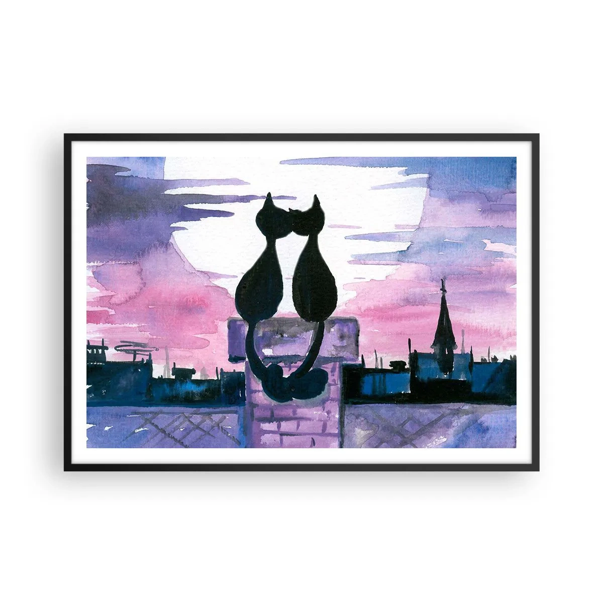 Affiche dans un cadre noir - Poster - Chats noirs sur un toit au clair de lune dans un décor aquarelle - 100x70cm - Rendez-vous sous la lune - Décoration murale moderne pour le salon et la chambre ARTTOR