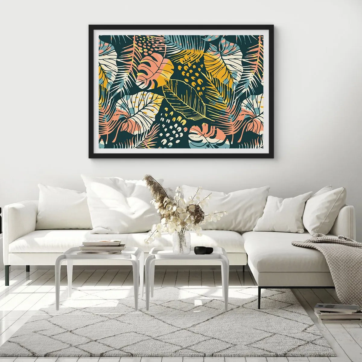 Affiche dans un cadre noir - Poster - Feuilles colorées sur fond sombre - 70x50cm - Fantaisie feuillue - Décoration murale moderne pour le salon et la chambre ARTTOR