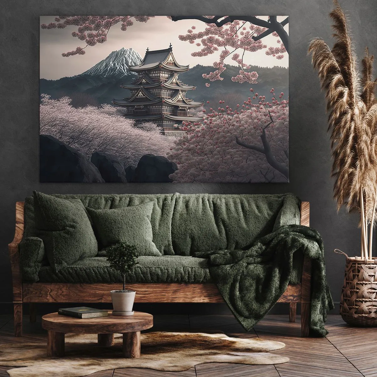 Impression sur toile - Image sur toile - Un temple japonais entouré de cerisiers en fleurs et de montagnes - 100x70cm - Le pays des cerisiers en fleurs - Décoration murale moderne pour le salon et la chambre ARTTOR