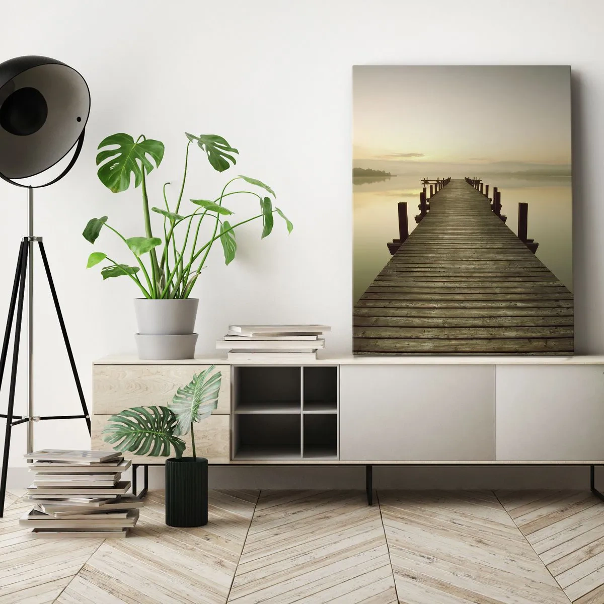 Impression sur toile - Image sur toile - Une jetée en bois sur un lac calme le matin - 50x70cm - L'aube, les premières lueurs, le jour  - Décoration murale moderne pour le salon et la chambre ARTTOR
