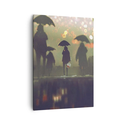Impression sur toile - Image sur toile - Une silhouette avec un parapluie un soir pluvieux parmi les lumières de la ville - 50x70cm - Du point de vue d'une goutte de pluie - Décoration murale moderne pour le salon et la chambre ARTTOR