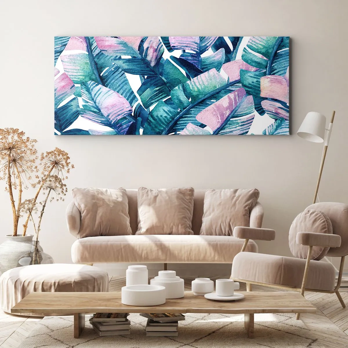 Impression sur toile - Image sur toile - Feuilles de bananier dans les tons bleu et rose - 140x50cm - Dans une bananeraie - Décoration murale moderne pour le salon et la chambre ARTTOR