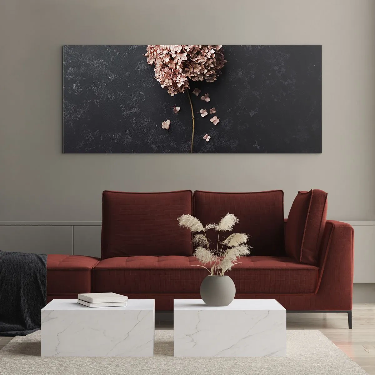 Impression sur verre - Image sur verre - Une délicate fleur d'hortensia sur un fond sombre - 140x50cm - Un signe vraiment romantique - Décoration murale moderne pour le salon et la chambre ARTTOR