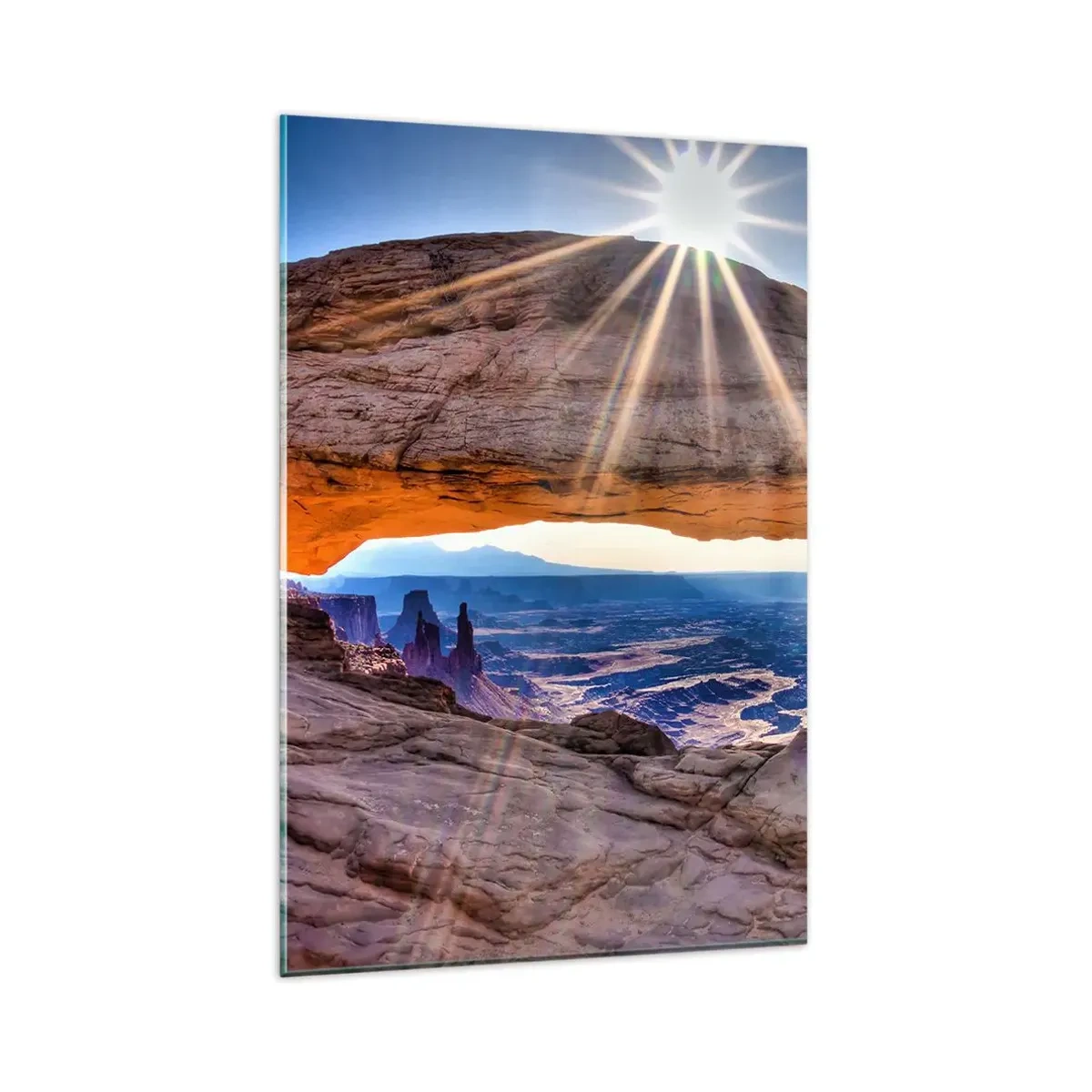 Impression sur verre - Image sur verre - Arche rocheuse surplombant le canyon au lever du soleil - 80x120cm - Par la porte rocheuse - Décoration murale moderne pour le salon et la chambre ARTTOR