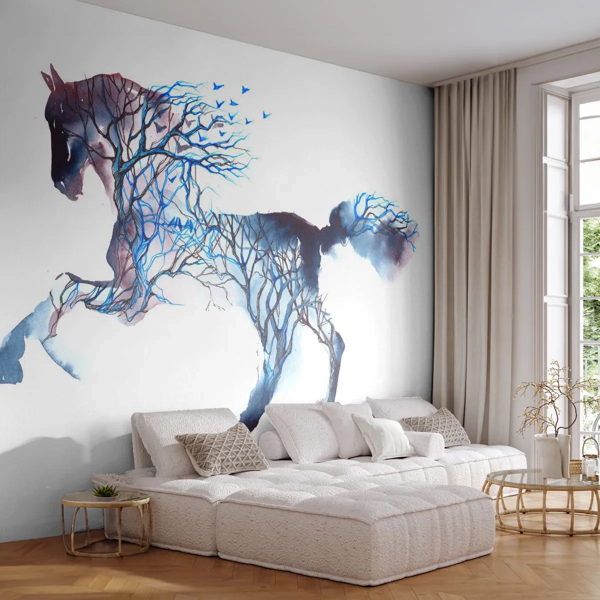 Papier Peint Photo Premium Sand - Un cheval fait de branches d'arbres dans une aquarelle artistique - 100x70cm - Comme si la forêt avait bougé - Décoration murale moderne pour le salon et la chambre ARTTOR