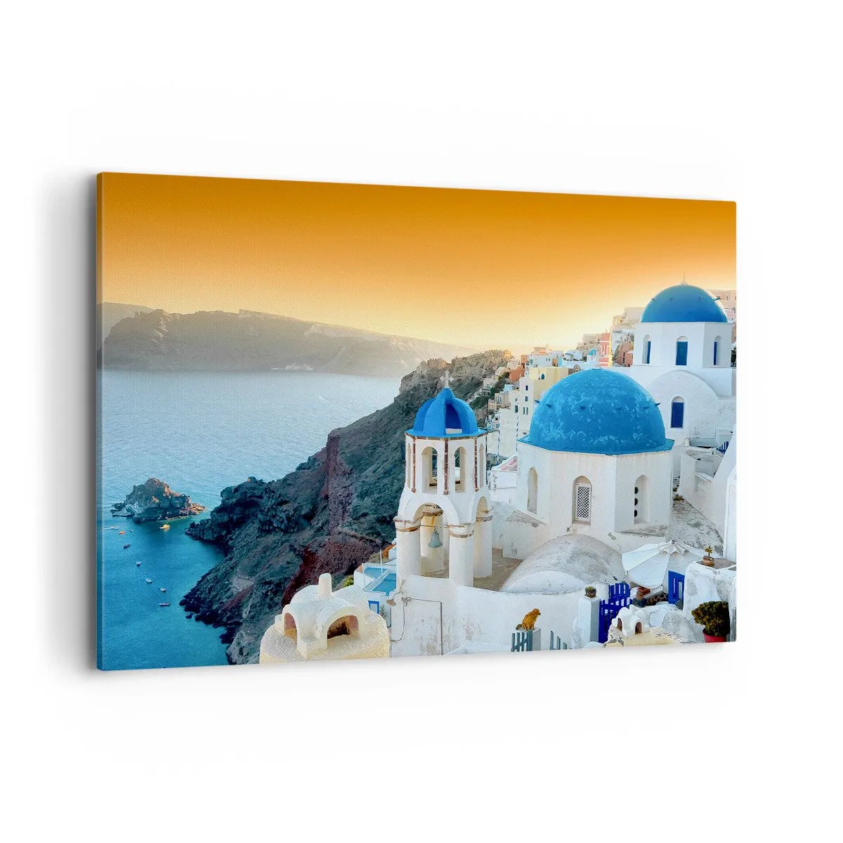 Impression sur toile - Image sur toile - Vue de Santorin avec des bâtiments blancs et une mer bleue - 100x70cm - Santorin - blotti contre les rochers - Décoration murale moderne pour le salon et la chambre ARTTOR