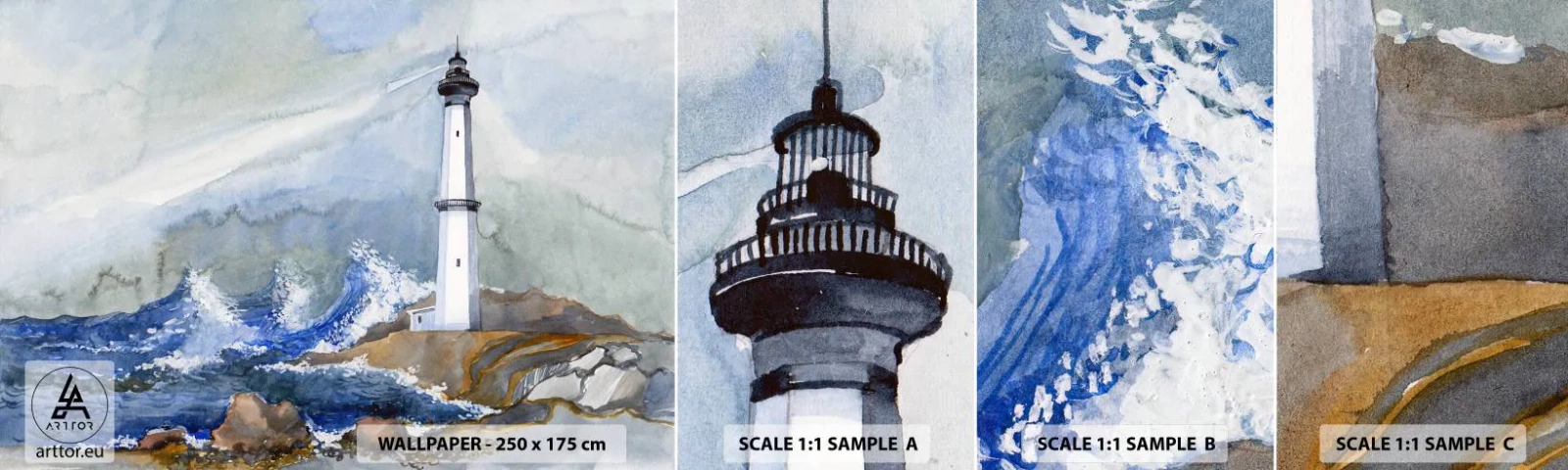 Échantillon de Papier Peint Autocollant Deluxe Sticker - Contre l'obscurité et la tempête - Phare, Paysage, Océan - 100x30 cm