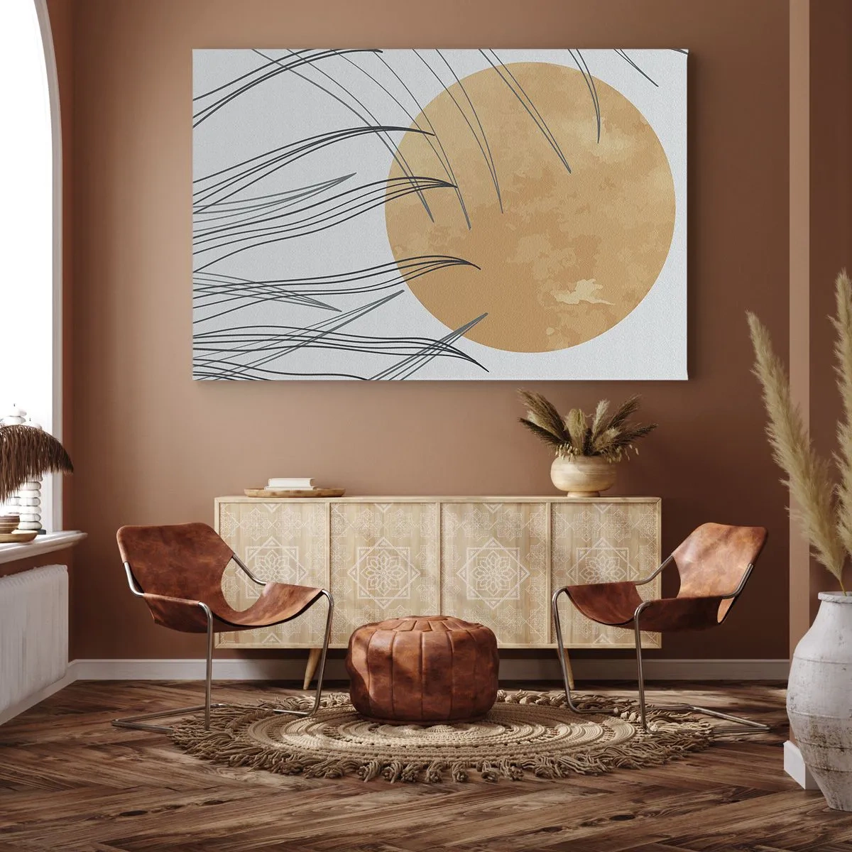 Impression sur toile - Image sur toile - Brins d'herbe abstraits sur fond de grand soleil orange - 70x50cm - Toujours vers le soleil - Décoration murale moderne pour le salon et la chambre ARTTOR