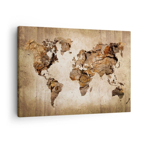 Impression sur toile - Image sur toile - Une carte du monde dans un style rustique en bois - 70x50cm - Découverte du monde - Décoration murale moderne pour le salon et la chambre ARTTOR