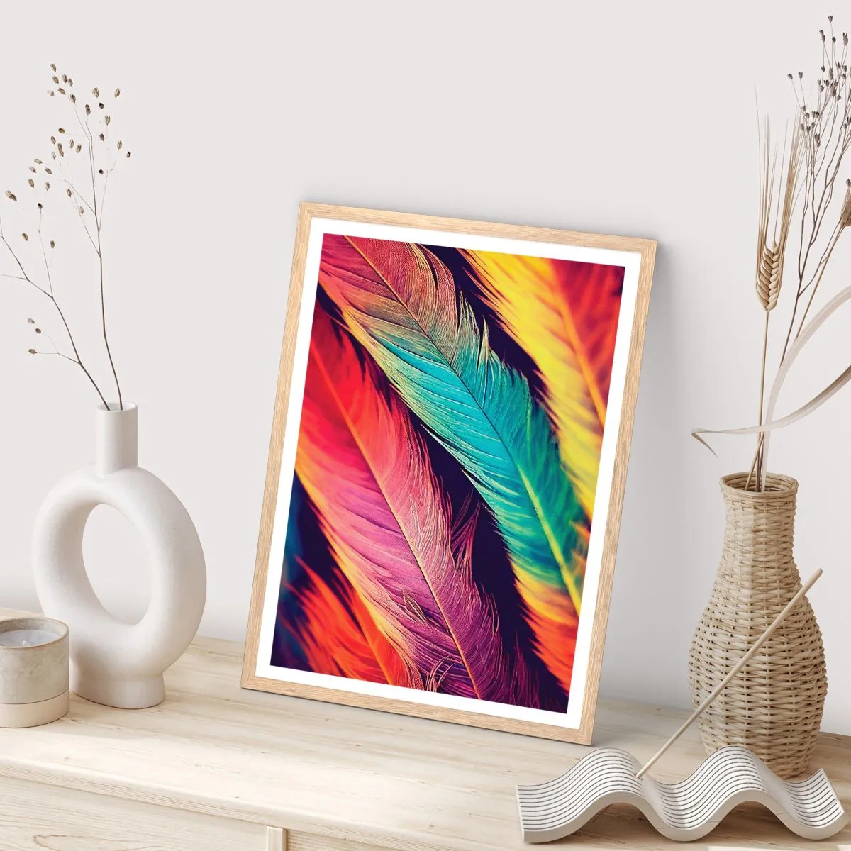 Affiche dans un chêne clair - Poster - Arc-en-ciel de plumes - 40x50 cm
