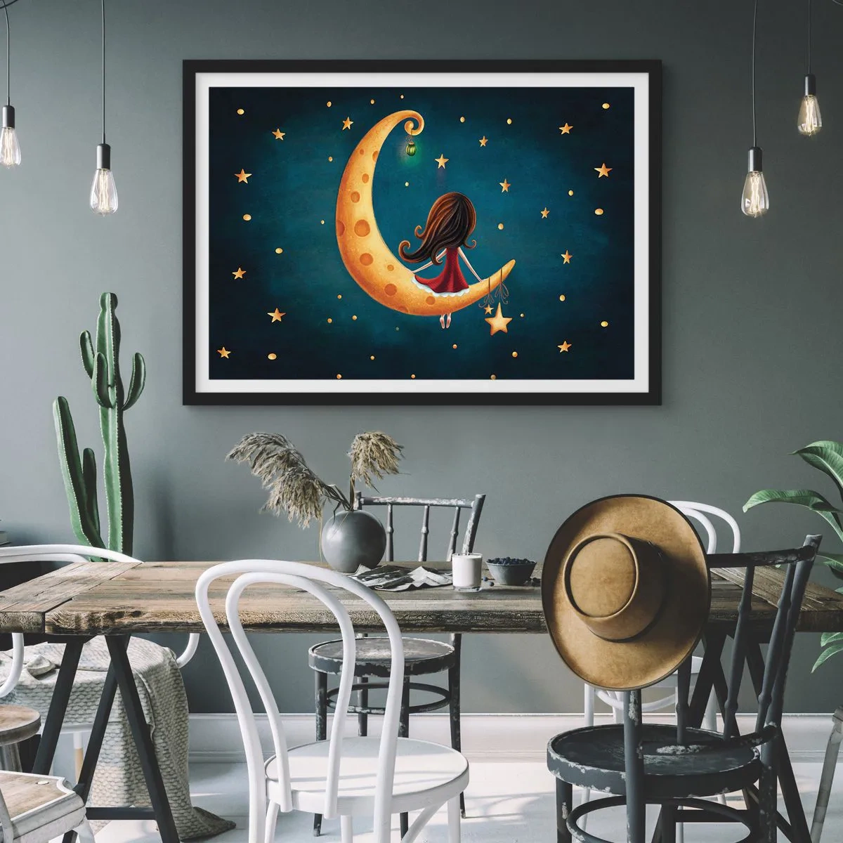 Affiche dans un cadre noir - Poster - Une fille sur la lune entourée d'étoiles - 70x50cm - Il était une fois... - Décoration murale moderne pour le salon et la chambre ARTTOR