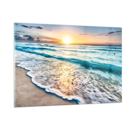 Impression sur verre - Image sur verre - Plage le matin avec vagues et lever de soleil - 120x80cm - Une vue qui en vaut la peine - Décoration murale moderne pour le salon et la chambre ARTTOR