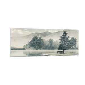 Impression sur verre - Image sur verre - Un lac pittoresque avec un banc et du brouillard en arrière-plan - 140x50cm - Le lac dort encore - Décoration murale moderne pour le salon et la chambre ARTTOR