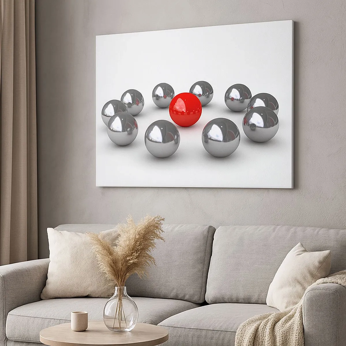 Impression sur toile - Image sur toile - Une boule rouge entourée de boules argentées sur fond blanc - 70x50cm - Un cercle en argent et rouge - Décoration murale moderne pour le salon et la chambre ARTTOR