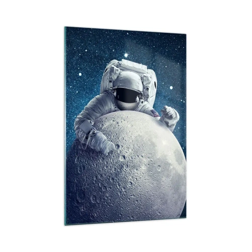 Impression sur verre - Image sur verre - Astronaute tenant la lune dans un ciel étoilé - 70x100cm - Comique de l'espace - Décoration murale moderne pour le salon et la chambre ARTTOR