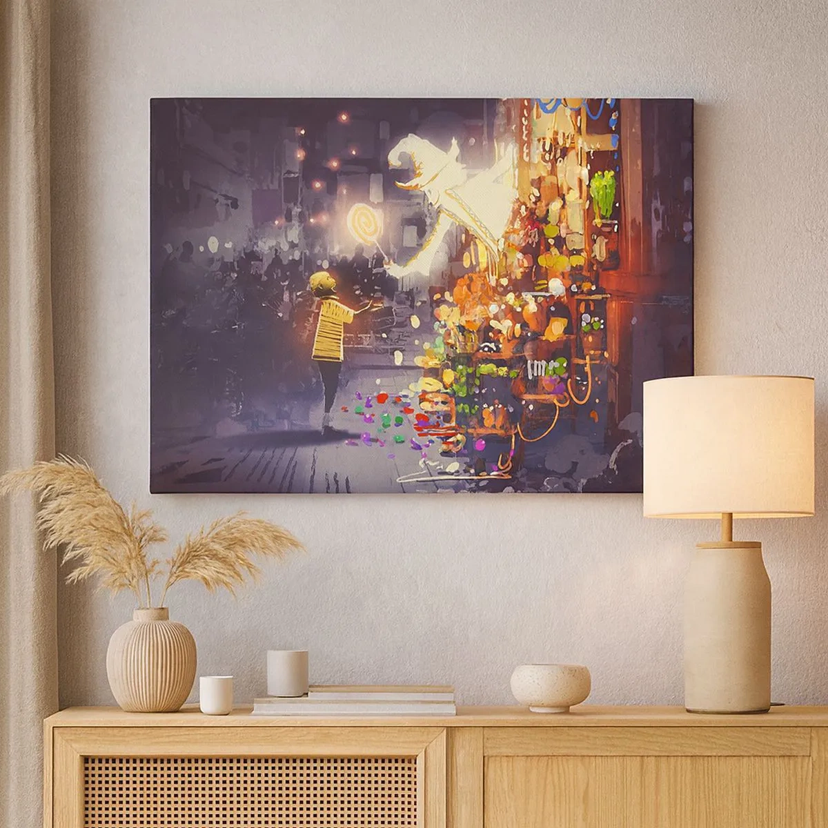 Impression sur toile - Image sur toile - Un personnage de conte de fées et un enfant dans une rue pleine de lumières et de magie - 70x50cm - La magie existe - Décoration murale moderne pour le salon et la chambre ARTTOR