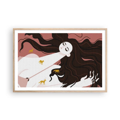 Affiche dans un chêne clair - Poster - Rêve d'un cheval d'or - 91x61 cm