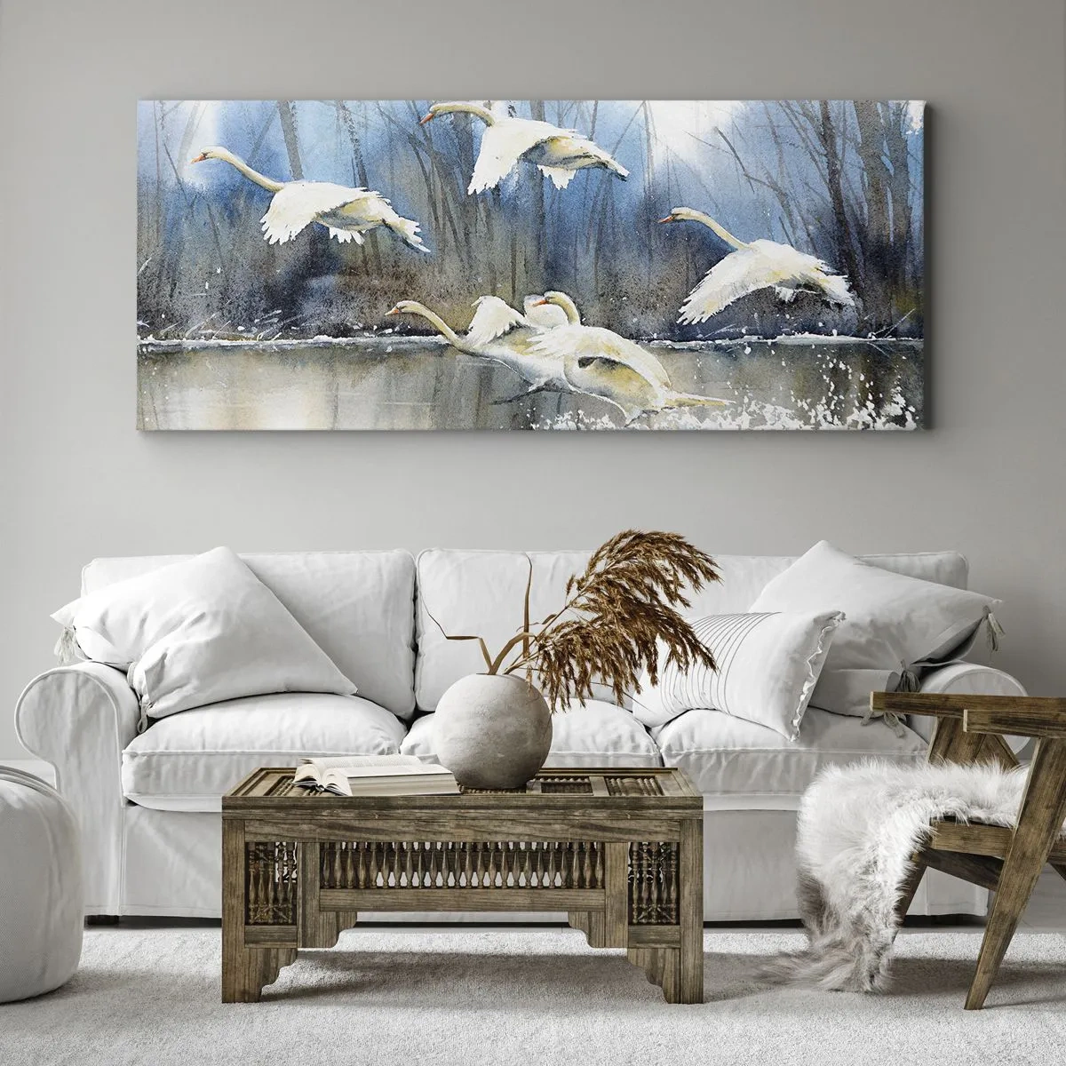 Impression sur toile - Image sur toile - Cygnes en vol au-dessus d'un lac gelé dans un paysage hivernal - 120x50cm - Comme dans un conte de fées sur les cygnes sauvages - Décoration murale moderne pour le salon et la chambre ARTTOR