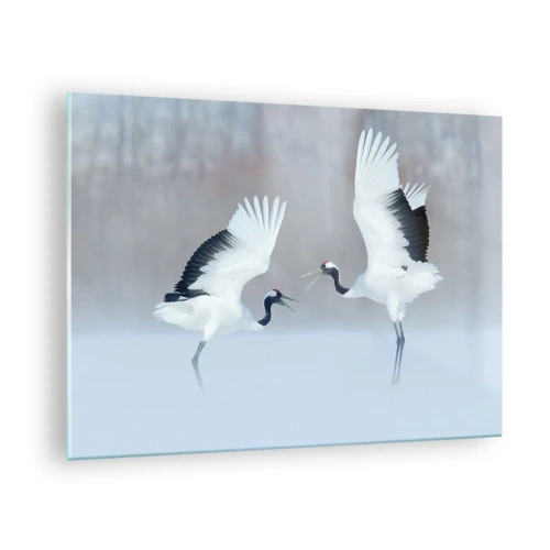 Impression sur verre - Image sur verre - Grues dansantes sur fond de paysage hivernal - 70x50cm - Danse dans le brouillard - Décoration murale moderne pour le salon et la chambre ARTTOR
