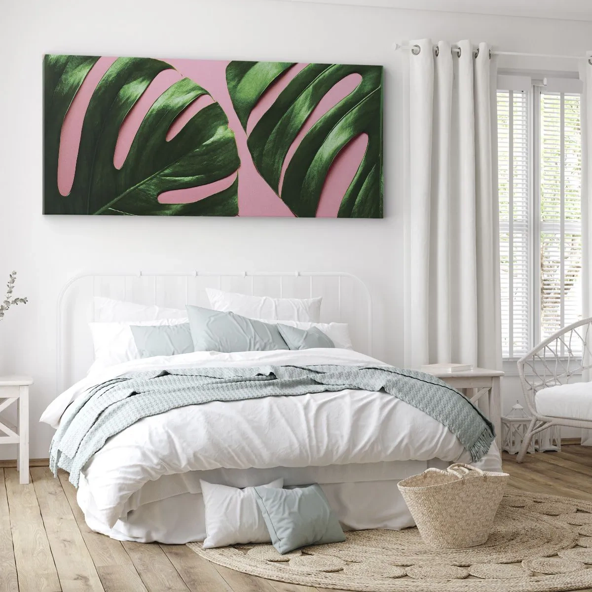 Impression sur toile - Image sur toile - Feuilles de monstera vertes sur fond rose - 140x50cm - Rendez-vous vert - Décoration murale moderne pour le salon et la chambre ARTTOR