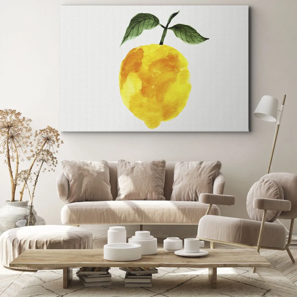 Impression sur toile - Image sur toile - Citron aquarelle avec des feuilles vertes sur fond clair - 120x80cm - Comment reconnaitre le goût du soleil - Décoration murale moderne pour le salon et la chambre ARTTOR